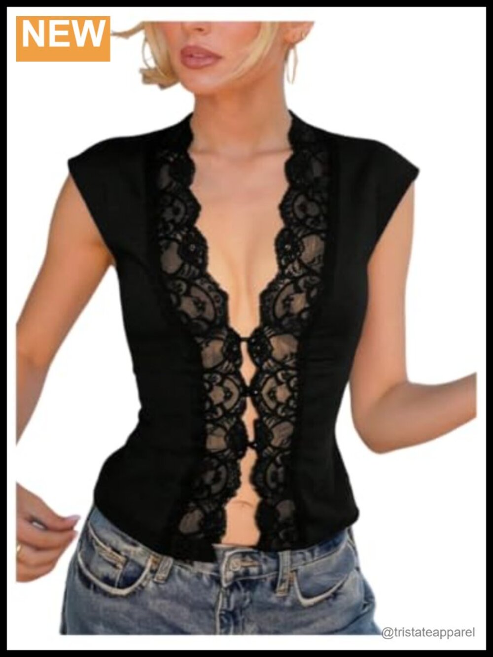Women's Lace Trim Deep V Neck Button Down Cap Sleeve Going Out Top